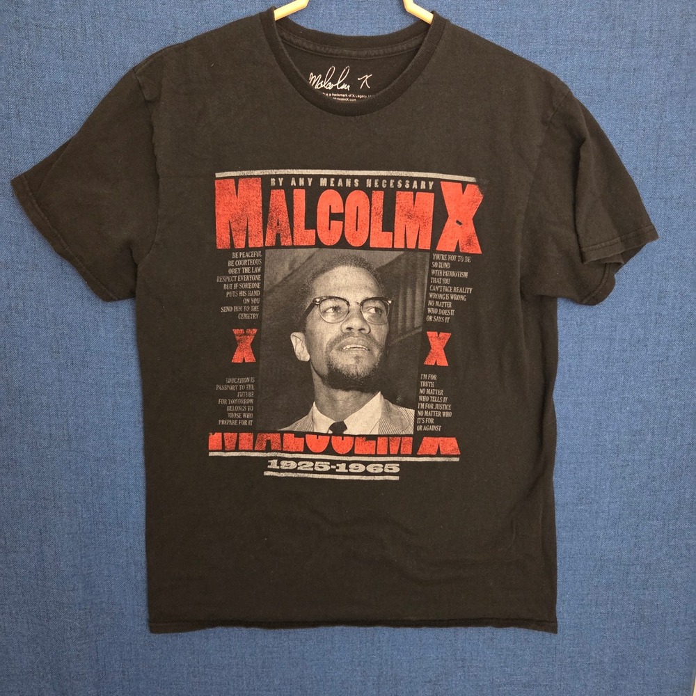 Malcolm X Graphic T-Shirt Mens Medium Black By Any Means Necessary Cotton Tee